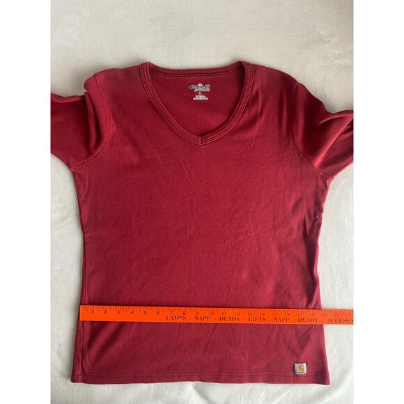 Carhart‎ Womens Vintage Faded Red Long Sleeve V Neck Shirt Large 12-14 Layering - Picture 8 of 9